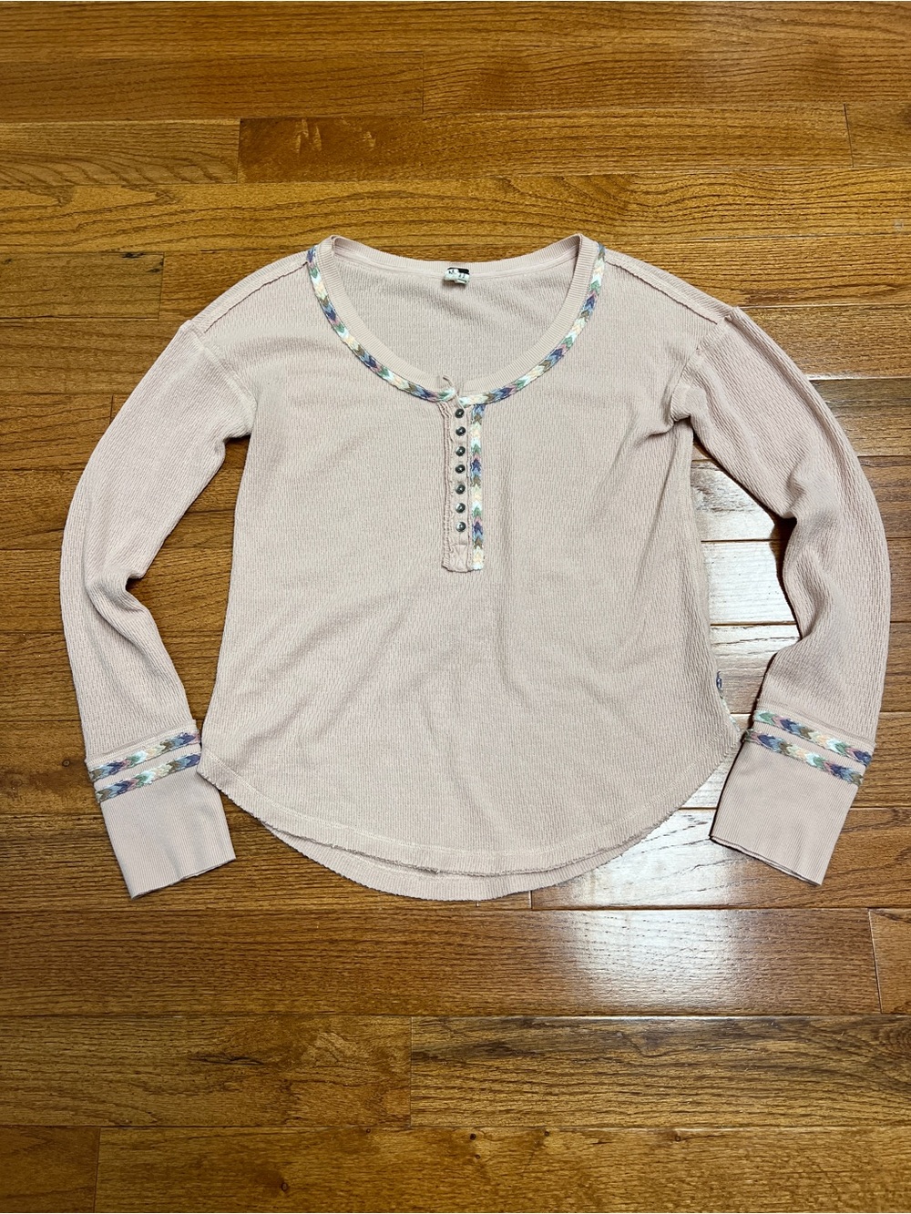 We The Free Blush Pink Long Sleeve Henley with Multicolor Trim